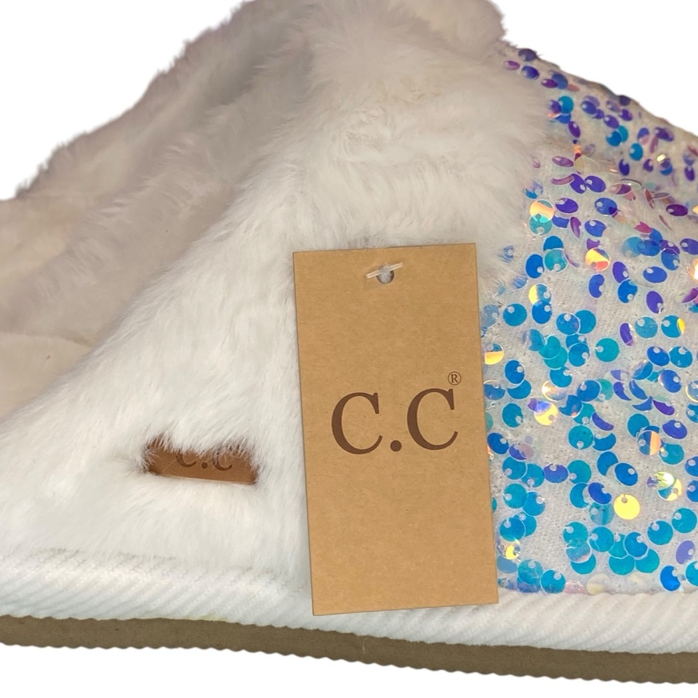 CC Sequin Slippers White Womens Size 8-10 M-L NWT New Slides Shoes Faux Fur - Picture 3 of 8